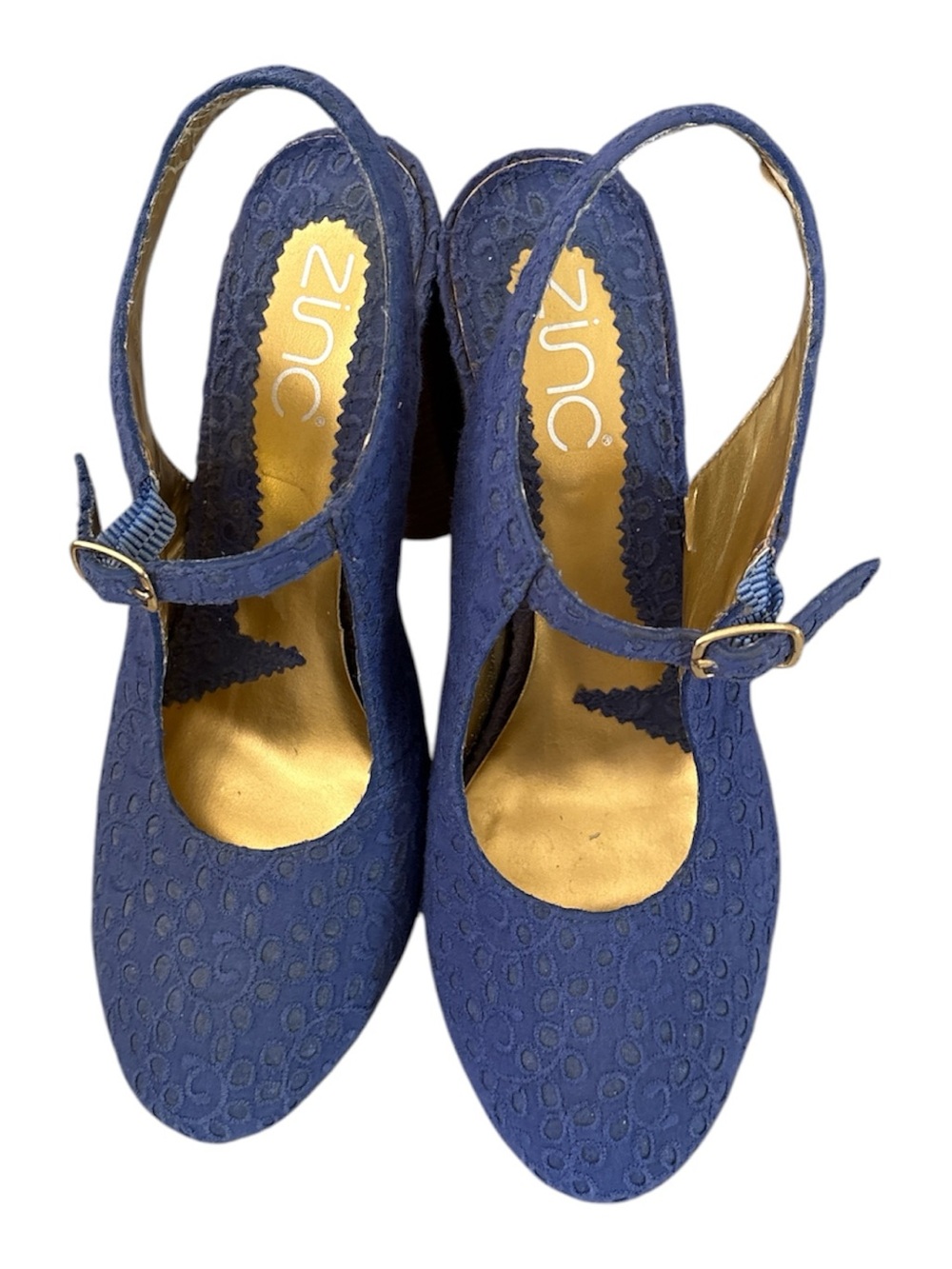 ZINC Blue Textured Round Toe Slingback Block Heels